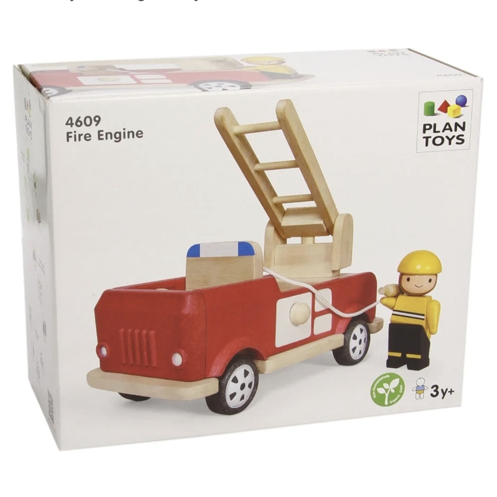Plan Toys Wooden Red Fire Truck Toy With Fireman - 4609